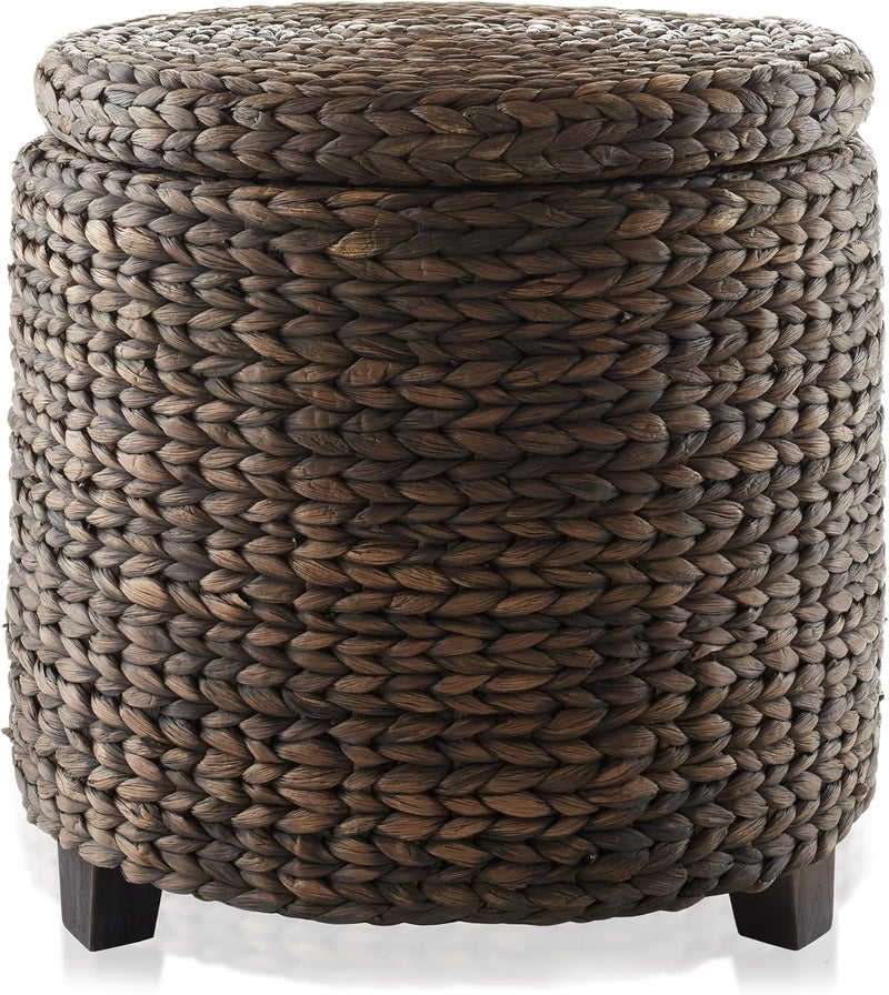Casafield 17" Round Storage Ottoman with Lid - Espresso, Handwoven Water Hyacinth Footstool for Living Room, Bedroom, Bathroom, Home Office - Image 4
